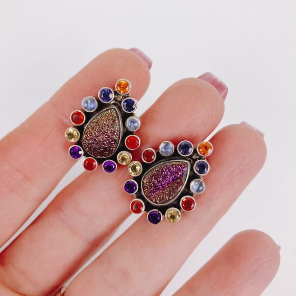 Nicky Butler Sterling Silver Druzy Gemstone Clip On Earrings Purple Boho READ - Picture 3 of 12